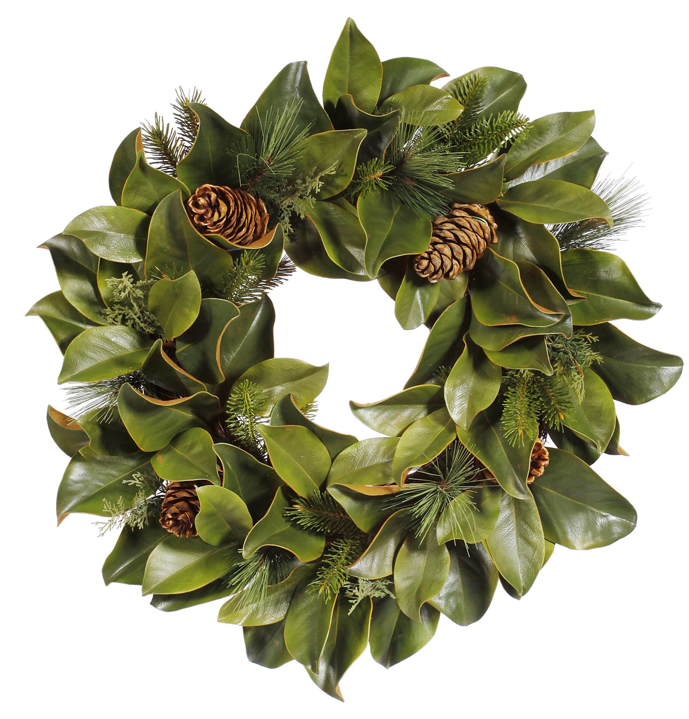 Hand-crafted magnolia leaf and mixed pine wreath with green accents, displayed against a white background