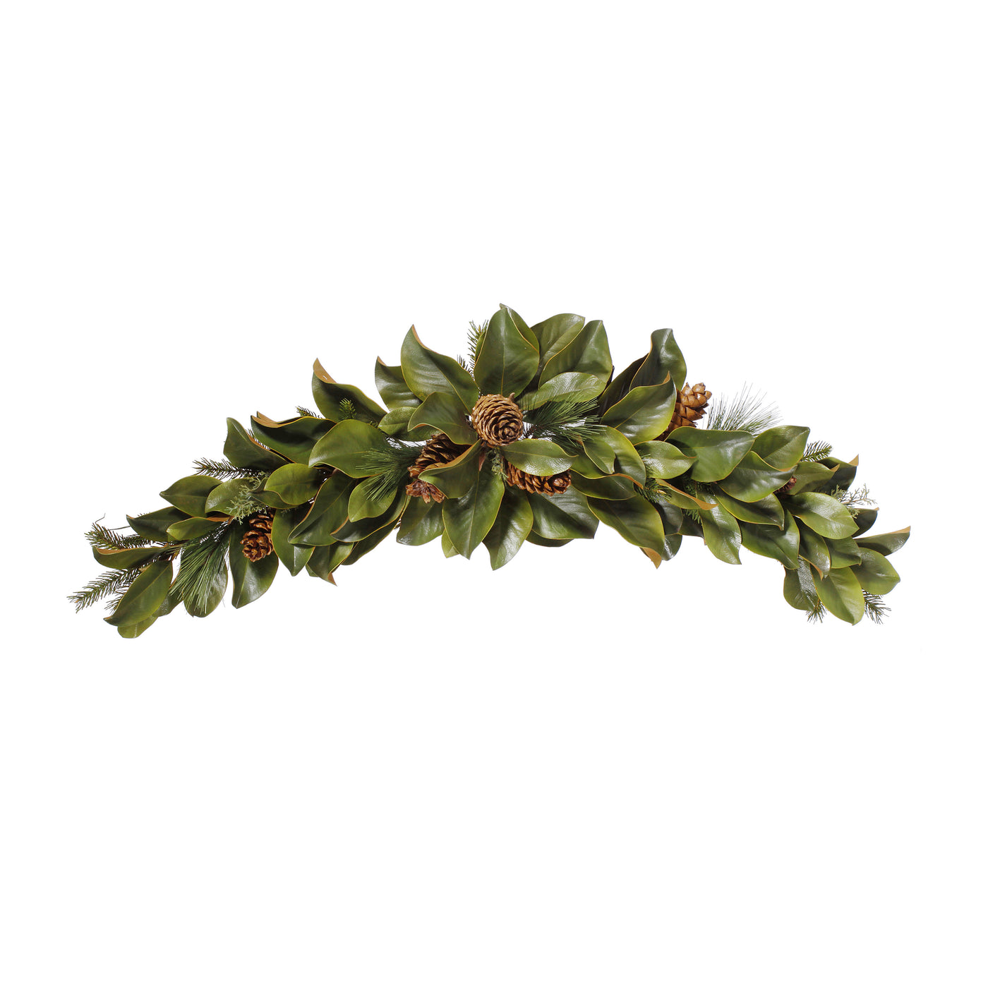 Hand-crafted magnolia leaf swag with multicolor accents, displayed against a white background