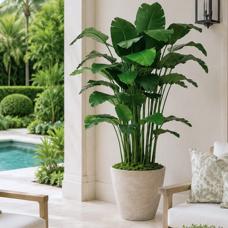Faux banana leaf plant in a stone pot on a poolside loggia
