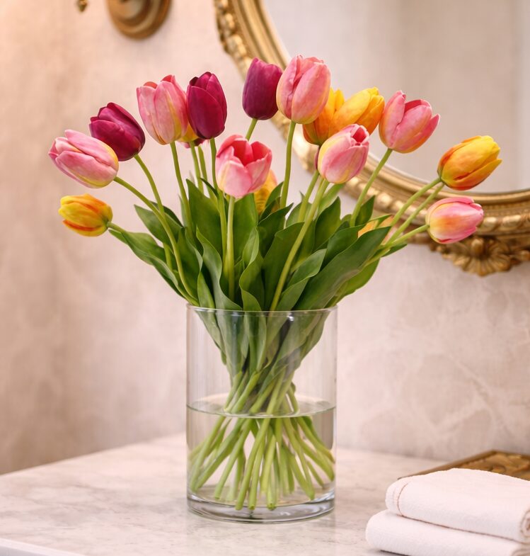 Pink and yellow tulips in a glass vase on a marble vanity