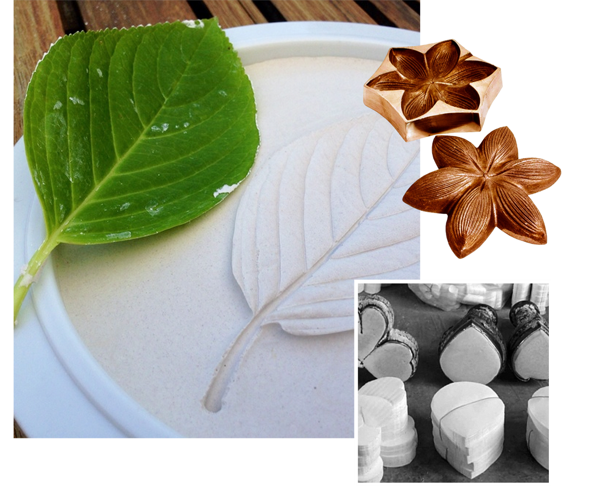 A leaf set in plaster beside its finished steel mold