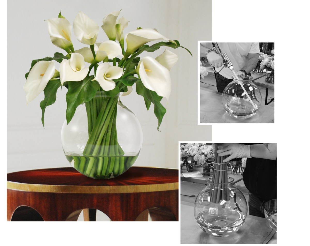 Resin poured by hand into a glass vessel of calla lilies