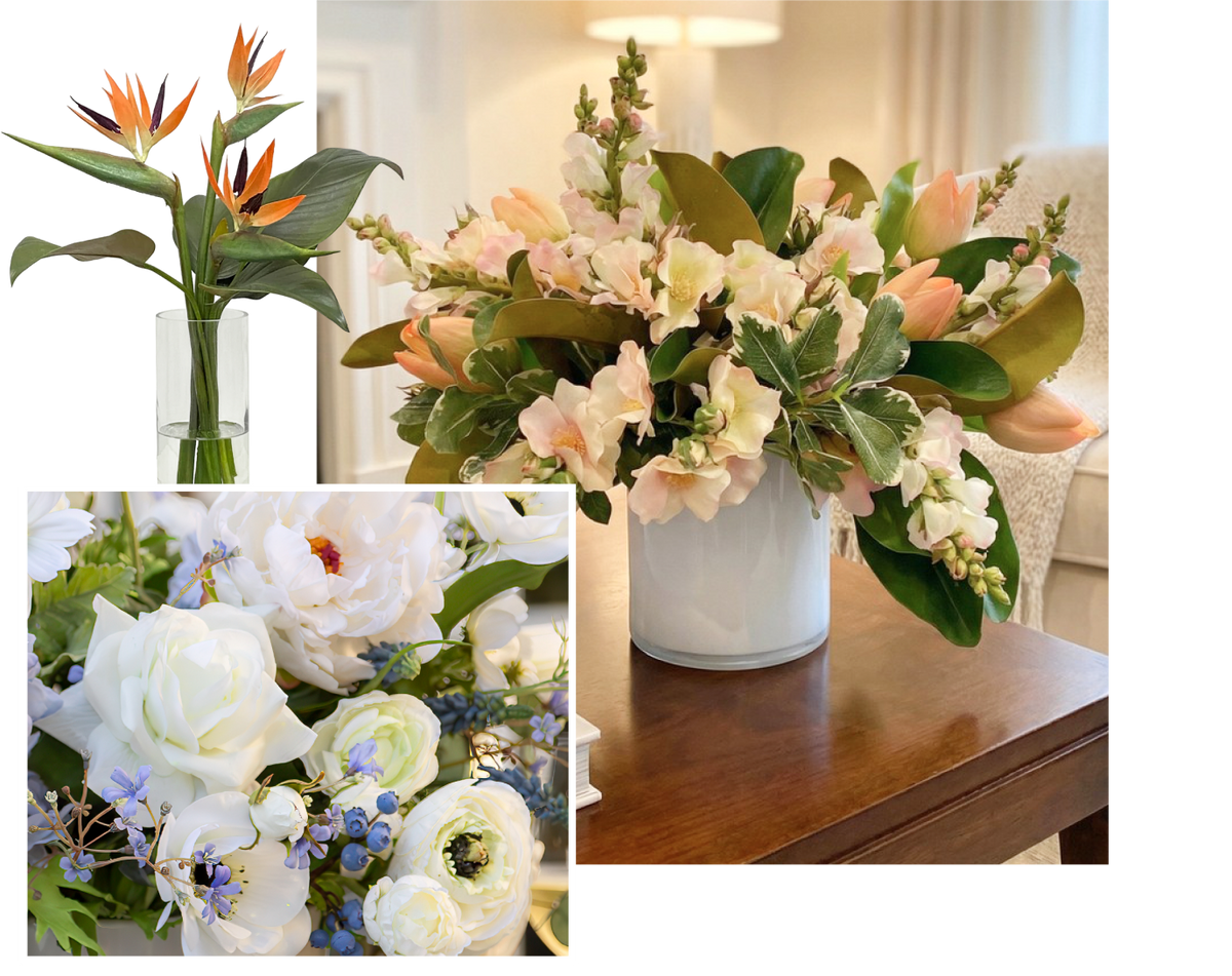 A layered arrangement of blooms, buds, branches and berries