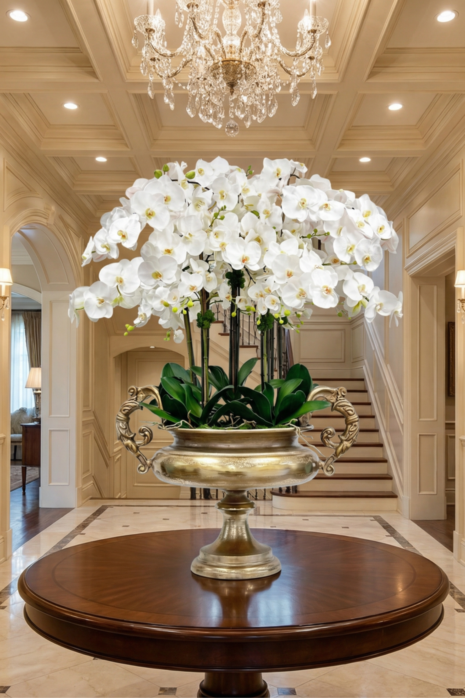 White orchid arrangement in a foyer