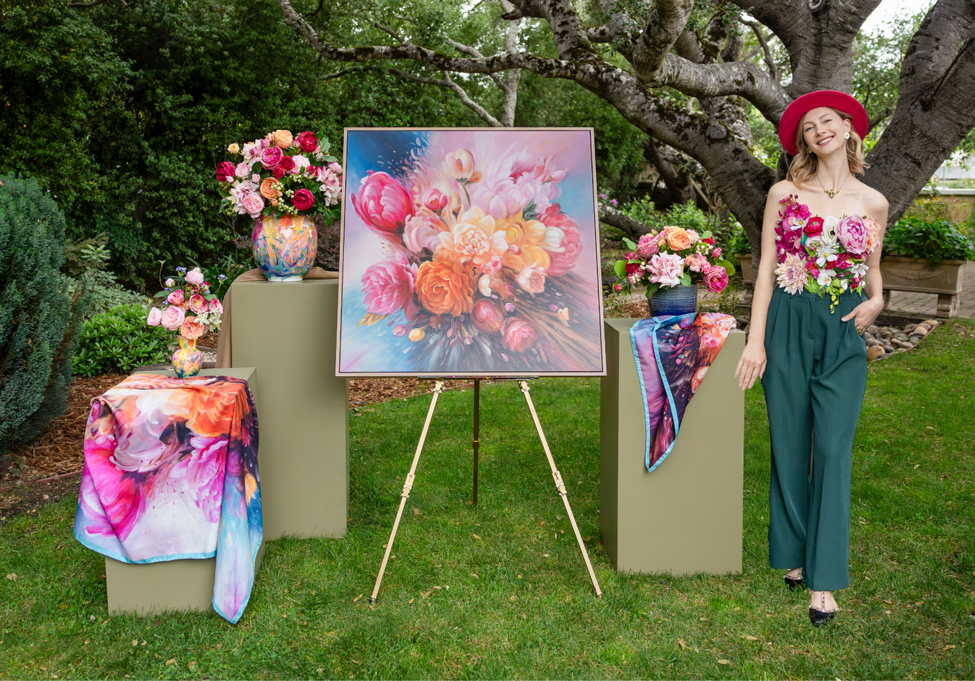 Woman standing next to a floral artwork, scarves, and three rose florals outside.