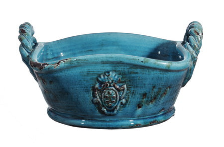 Tuscan-style decorative bowl planter in blue