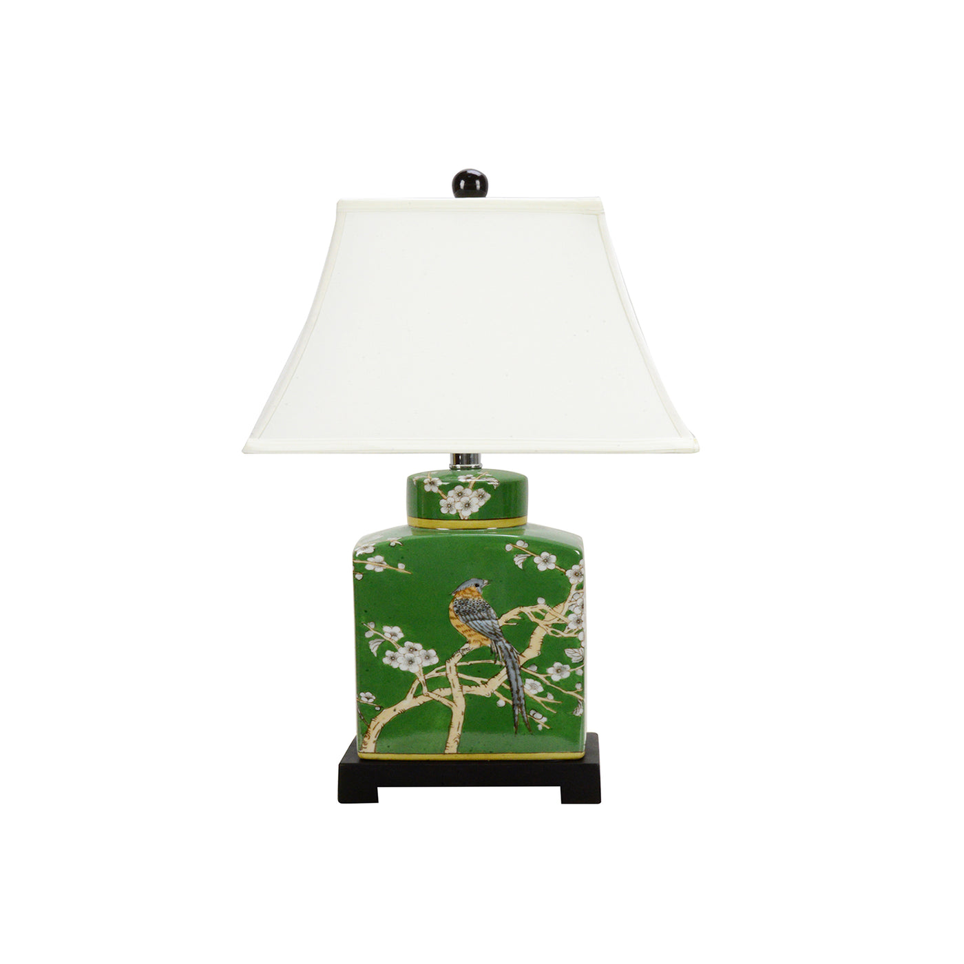 Classic bird lamp with wooden base and white shade