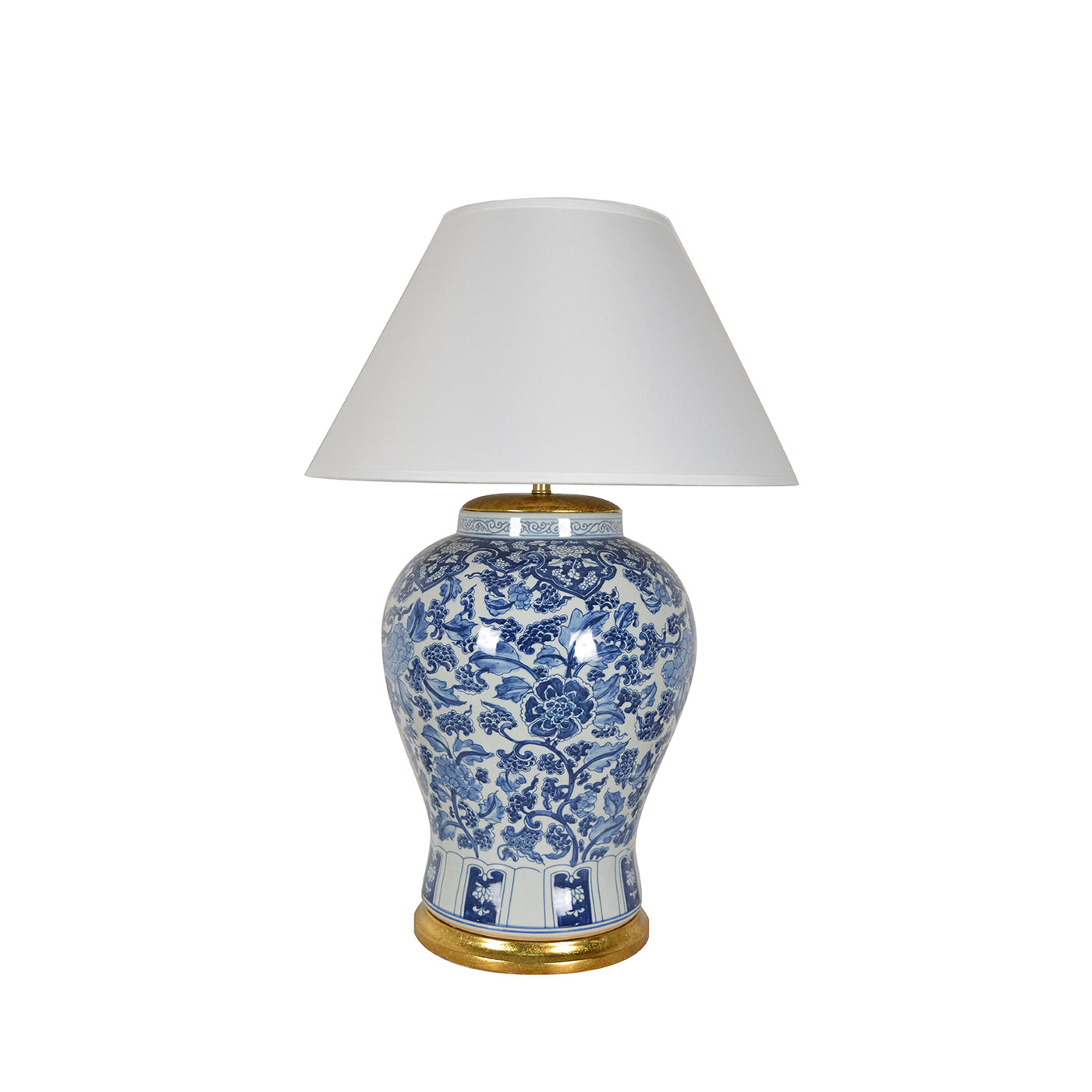white and blue porcelain vase lamp with white empire shade