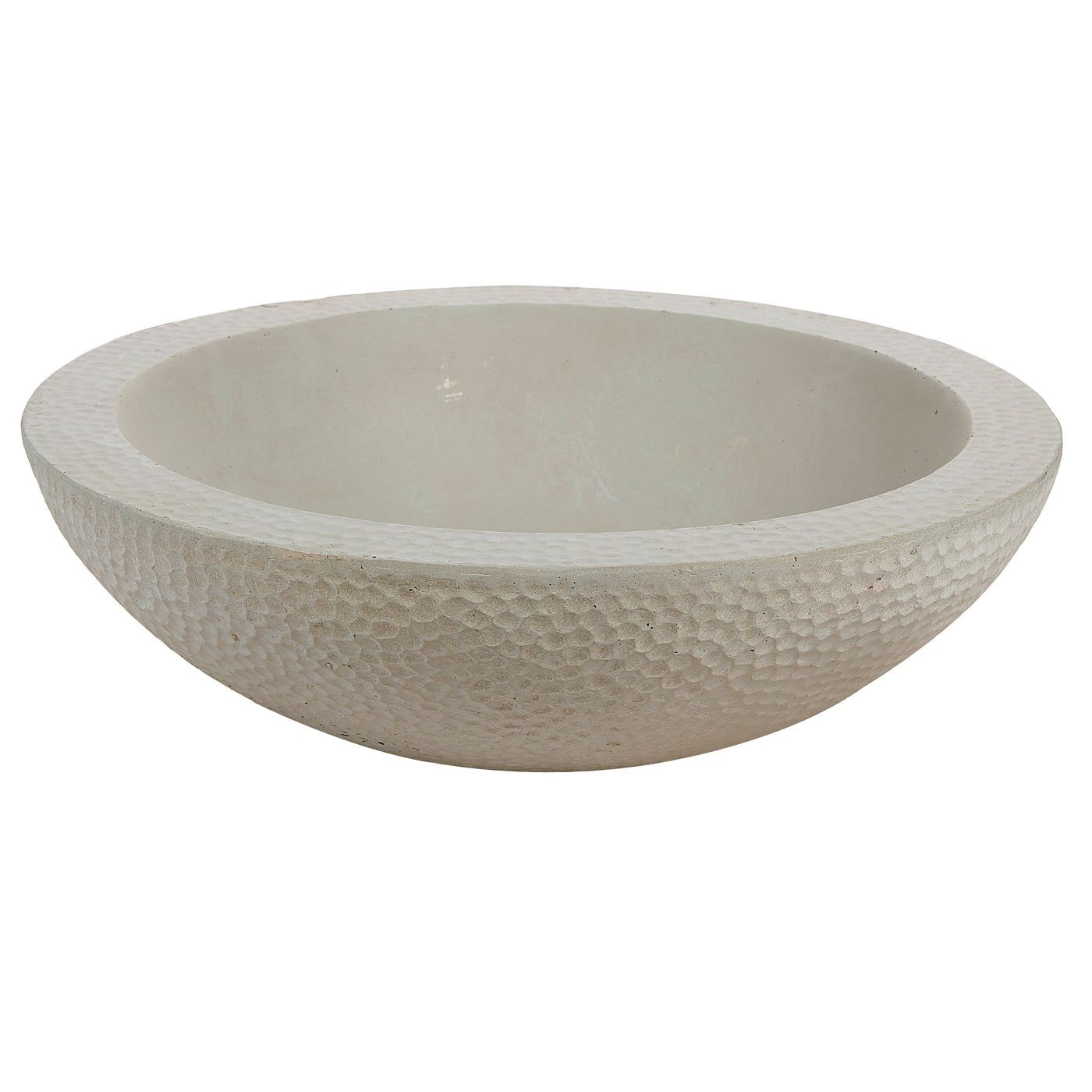 Handcrafted hammered-like stonecast low bowl planter in light grey