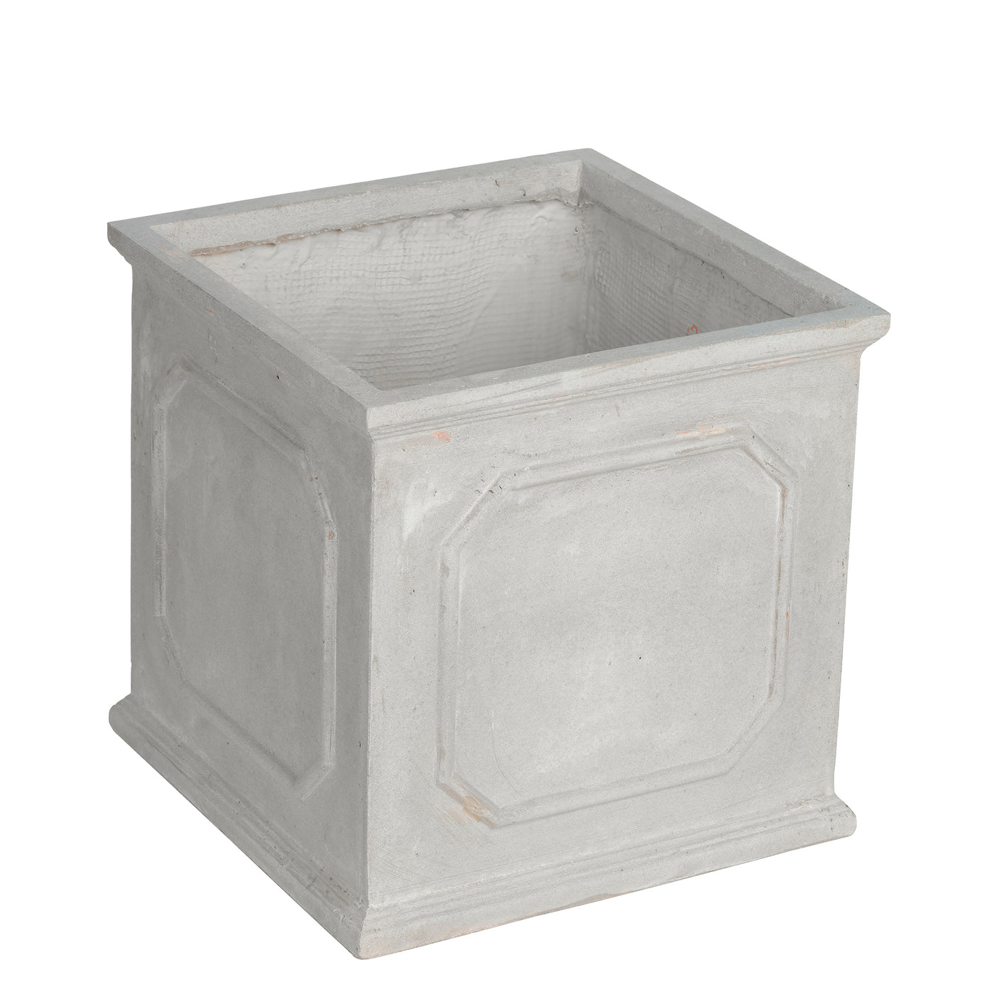 Square stonecast planter with traditional clipped corner panel in light grey