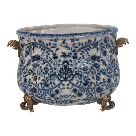 Small white and blue porcelain pot with handles and foot