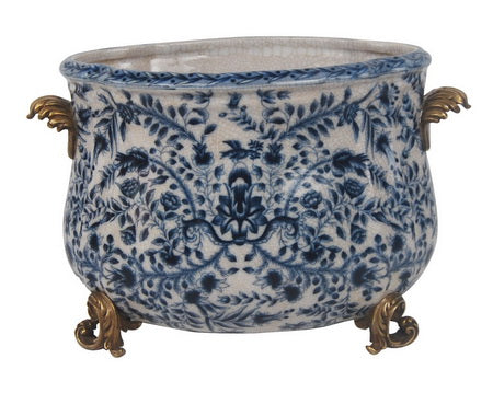 Small white and blue porcelain pot with handles and foot