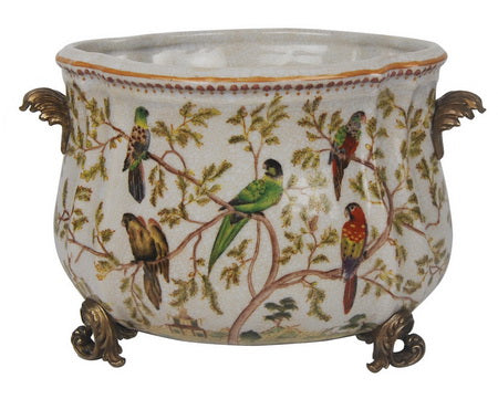 Bird motif porcelain planter with golden handles