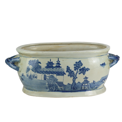 BLUE AND WHITE CERAMIC POT 7"