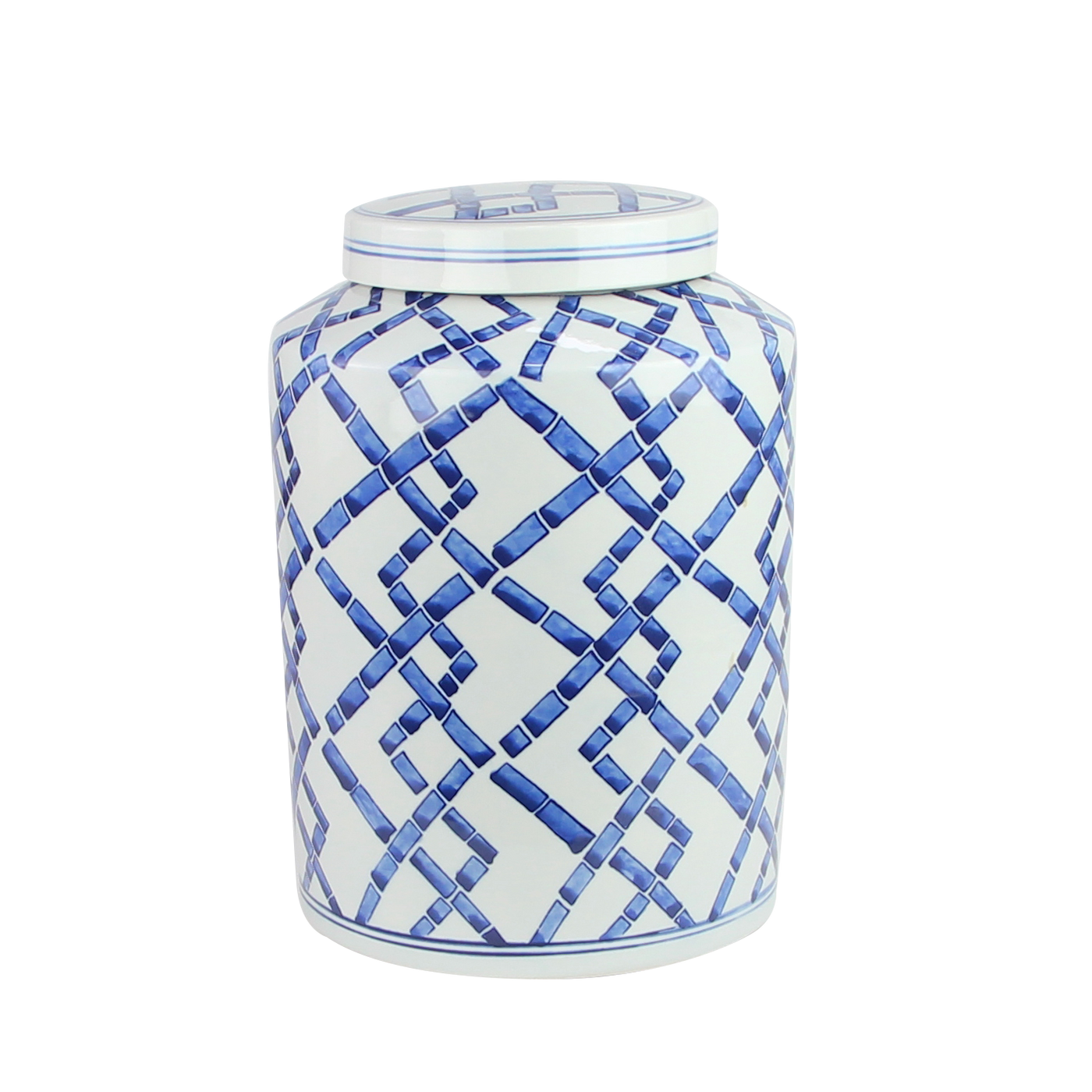 BLUE AND WHITE CERAMIC JAR 13"