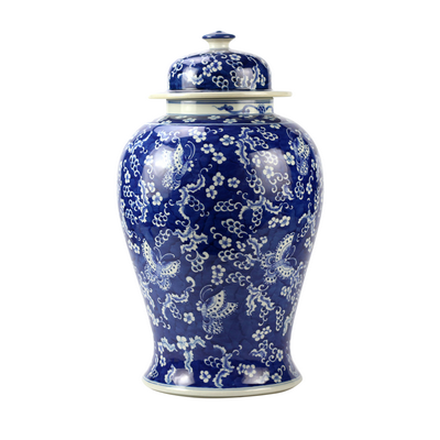 Blue and white butterfly ginger jar with lid