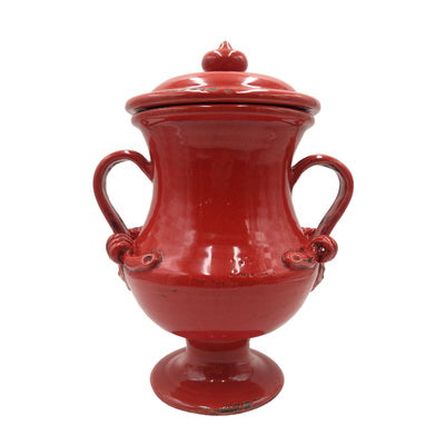 red decorative jar in a Tuscan-style design