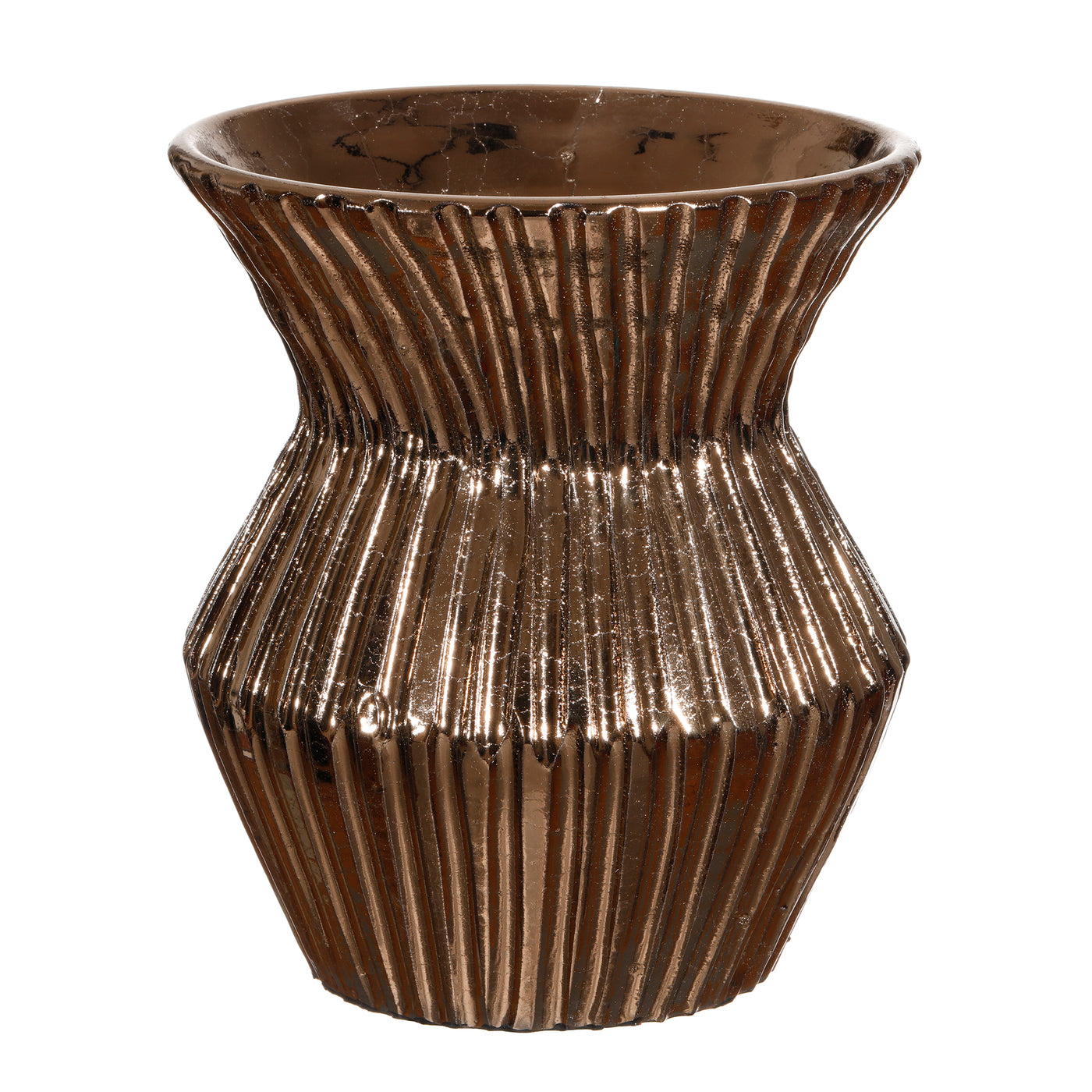 Contemporary hourglass-shaped ribbed vase in bronze gold