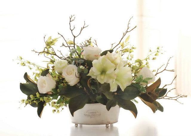 AMARYLLIS MAGNOLIA LEAF CENTERPIECE (DP518-WHGR) - Winward Home faux floral arrangements