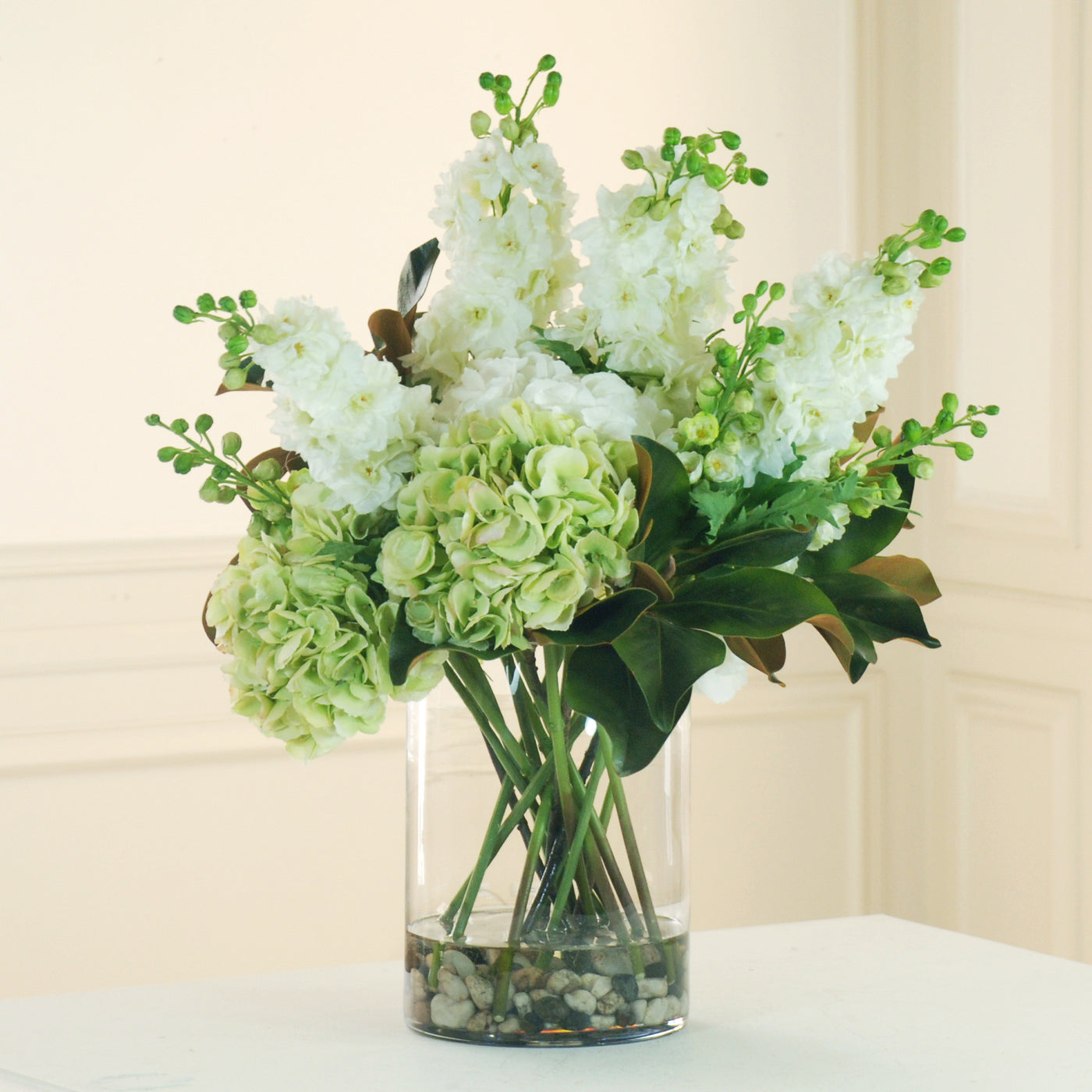 HYDRANGEA AND DELPHINIUM IN GLASS (DP713-WHGR) - Winward Home faux floral arrangements