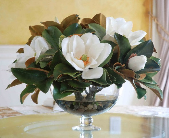 MAGNOLIA LEAF IN BOWL VASE (DP748-WHGR) - Winward Home silk flower arrangements