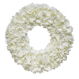 Faux dried hydrangea wreath with full white floral blooms on twig base
