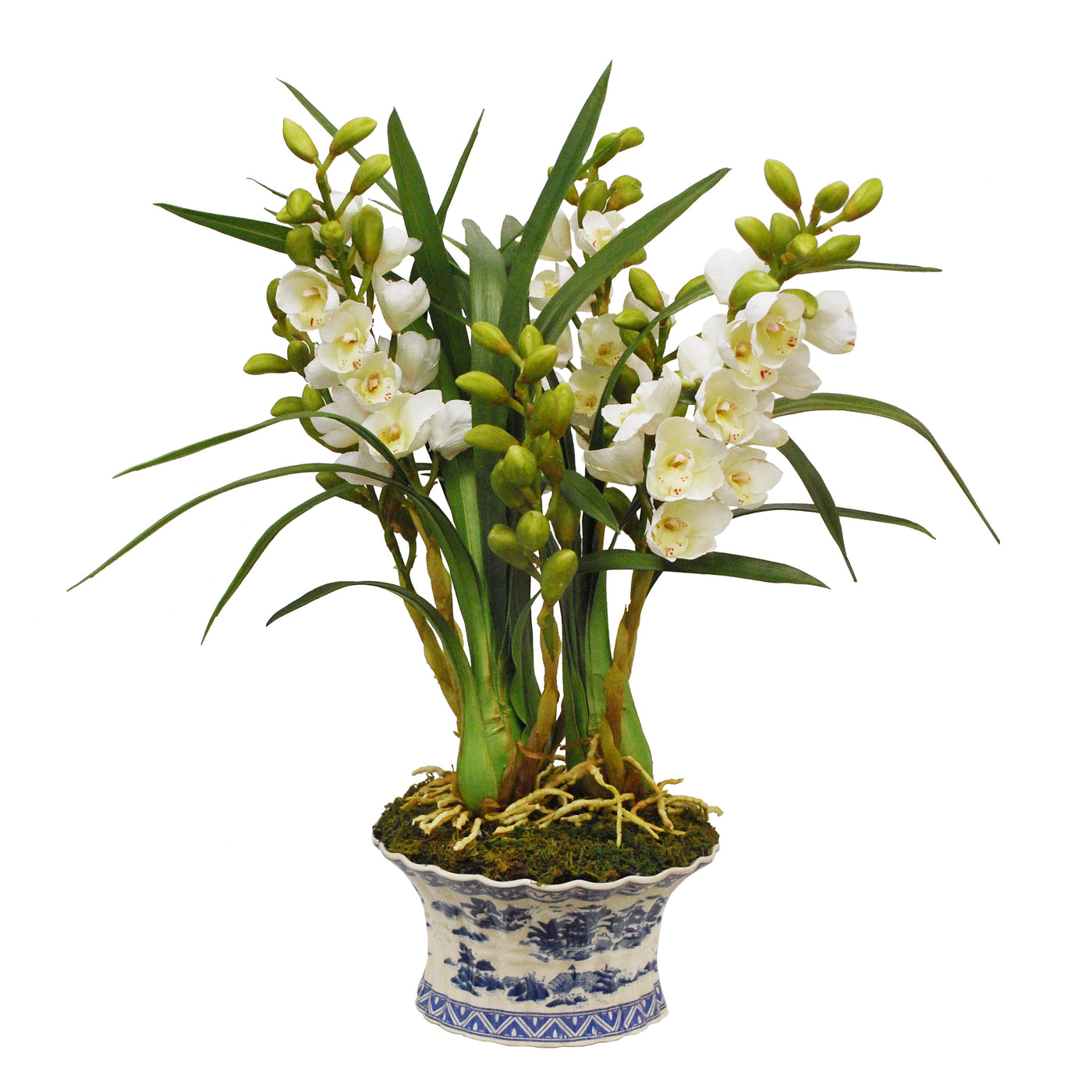 Artificial orchid plant in white and blue ceramic pot