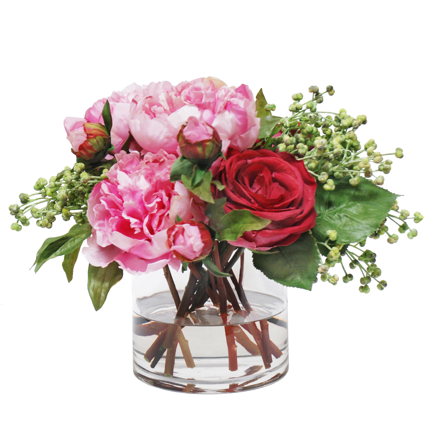 Faux peonies and roses in glass vase arrangement