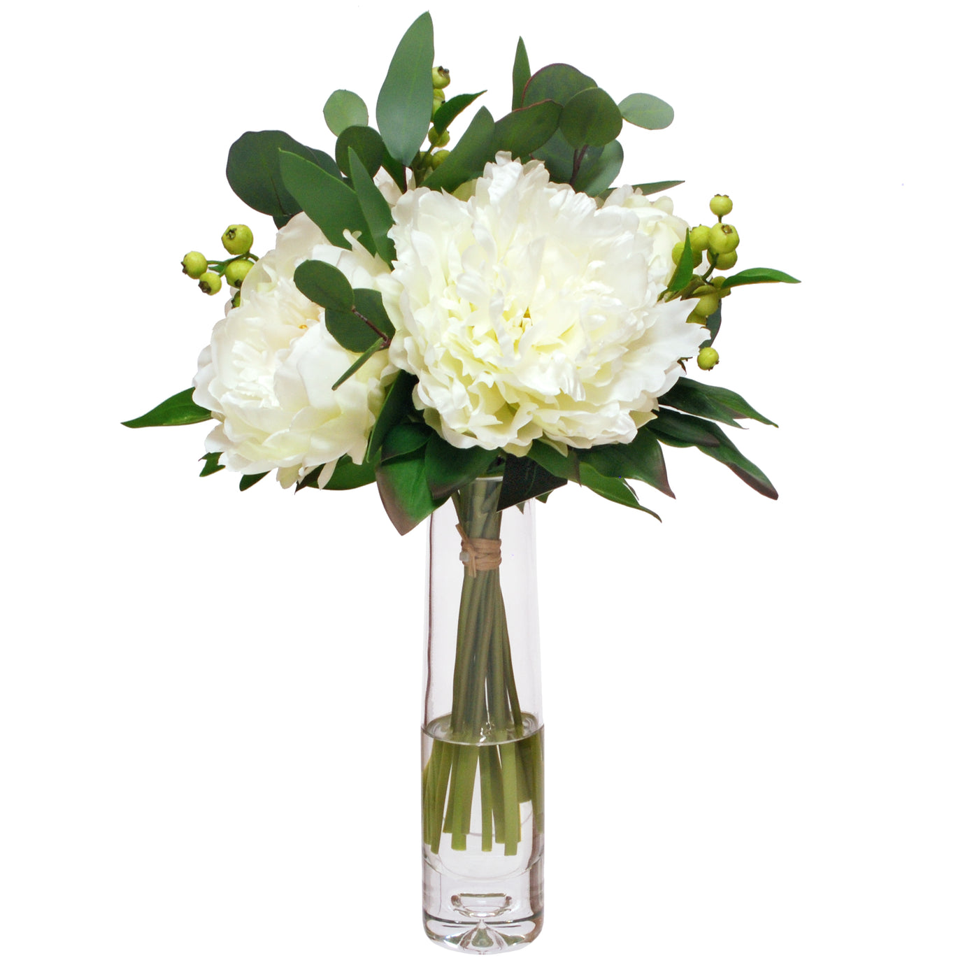 High-quality white faux peonies in tall clear cylinder glass vase