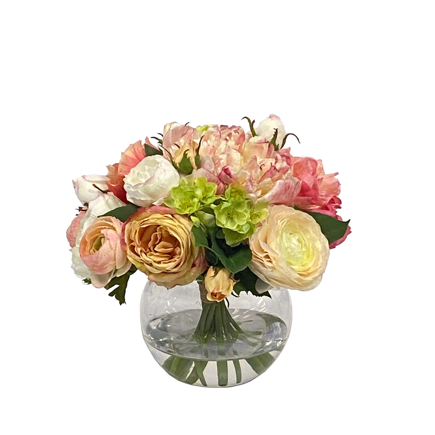 Mixed peonies and roses in clear ball glass vase
