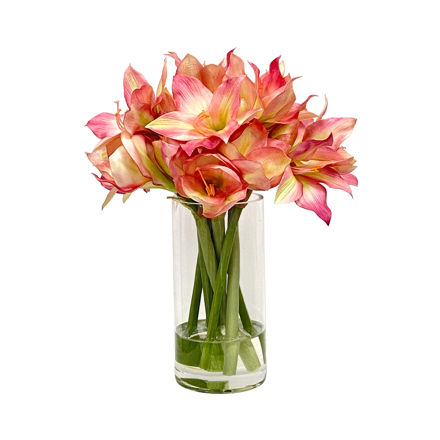 faux amaryllis in tall glass vase