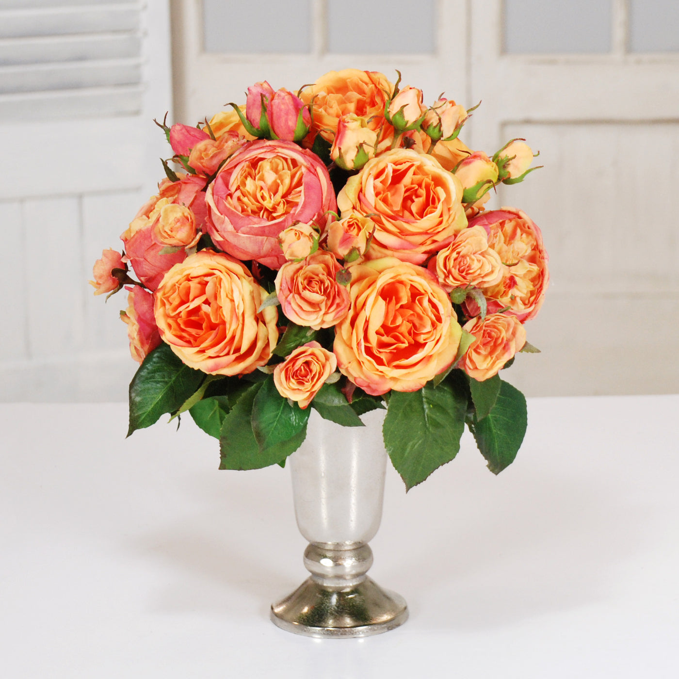 ORANGE ROSES IN SILVER TRUMPET VASE (WHD073-CO) - Winward Home faux floral arrangements