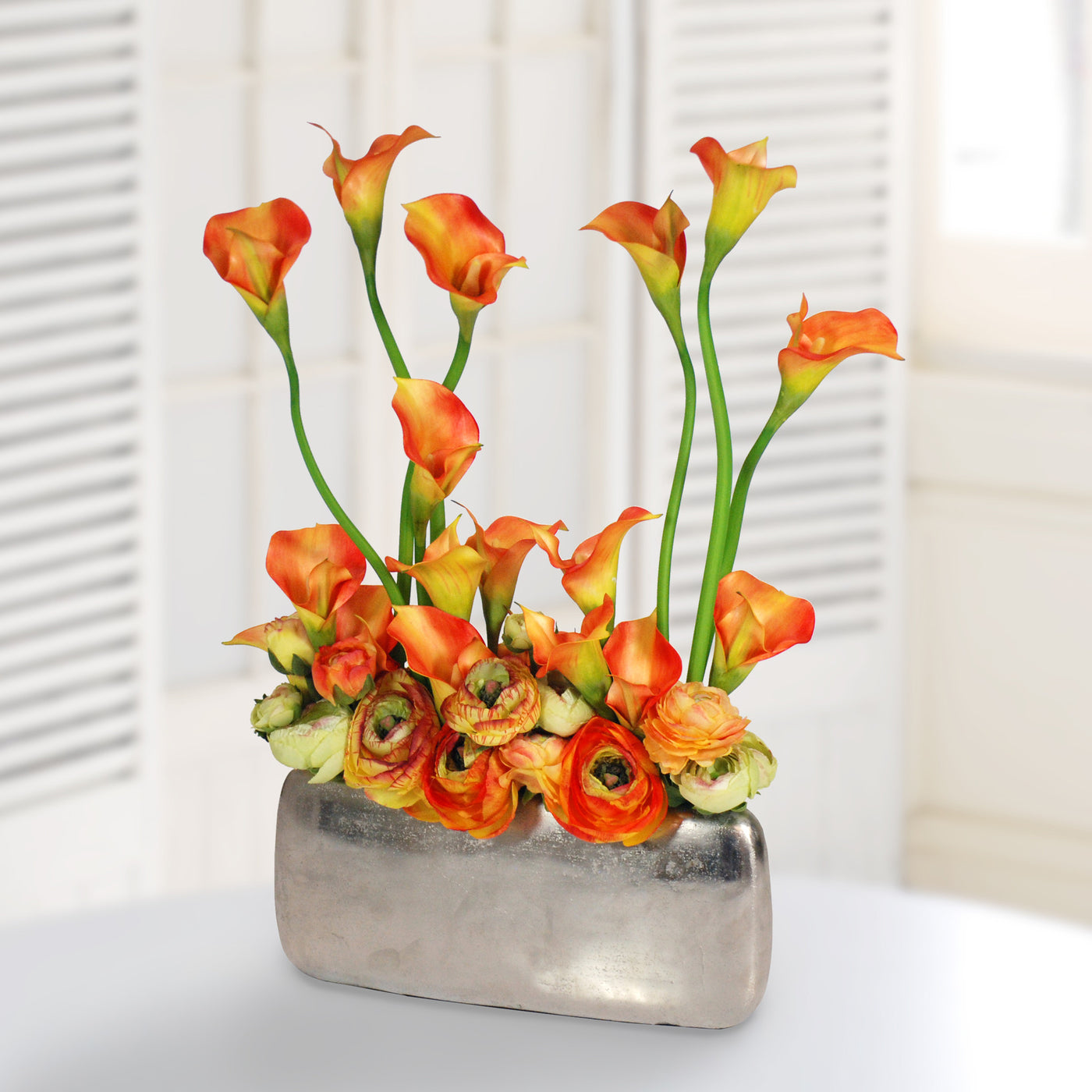 CALLA & RANUNCULUS IN PROFILE VASE (WHD078.OR) - Winward Home faux floral arrangements