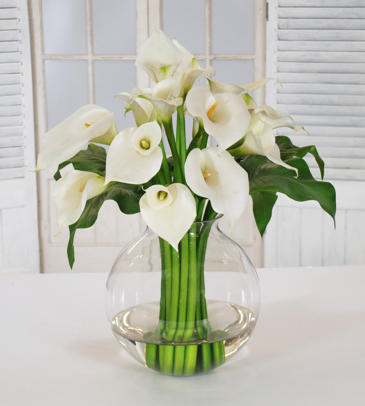 CALLA LILY IN GLASS BALL VASE (WHD084-WH) - Winward Home faux floral arrangements
