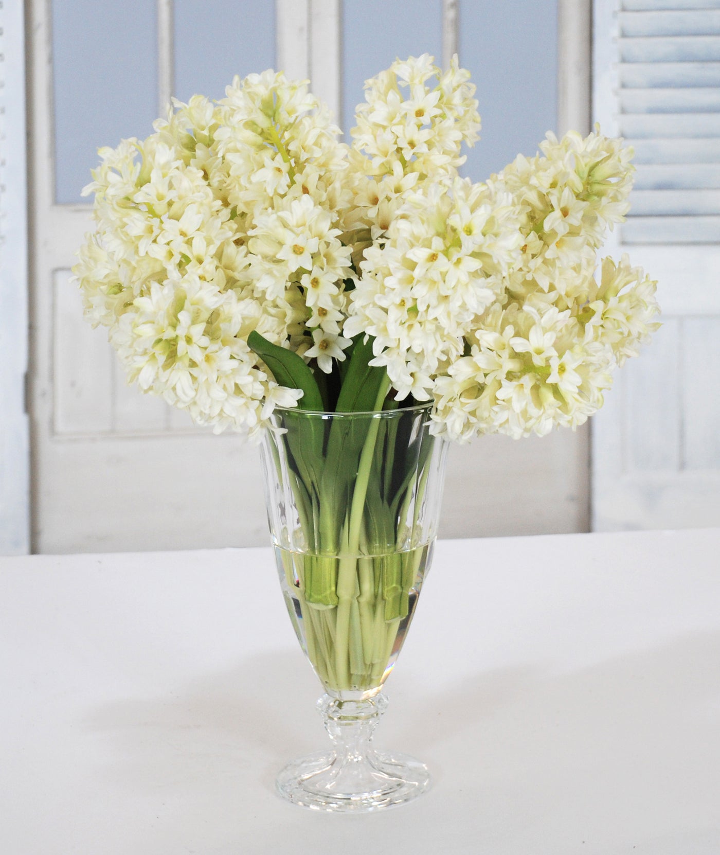 HYACINTH IN CRYSTAL GLASS VASE (WHD086-WH) - Winward Home faux floral arrangements