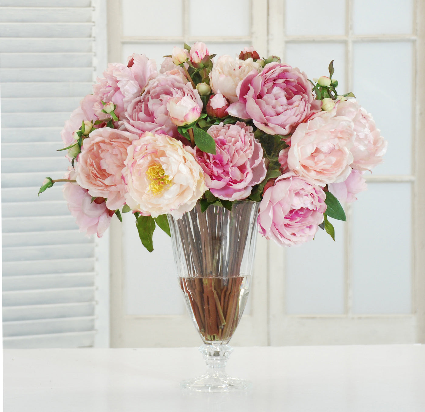 PINK PEONY IN ILLUSION VASE (WHD110-OH) - Winward Home faux floral arrangements