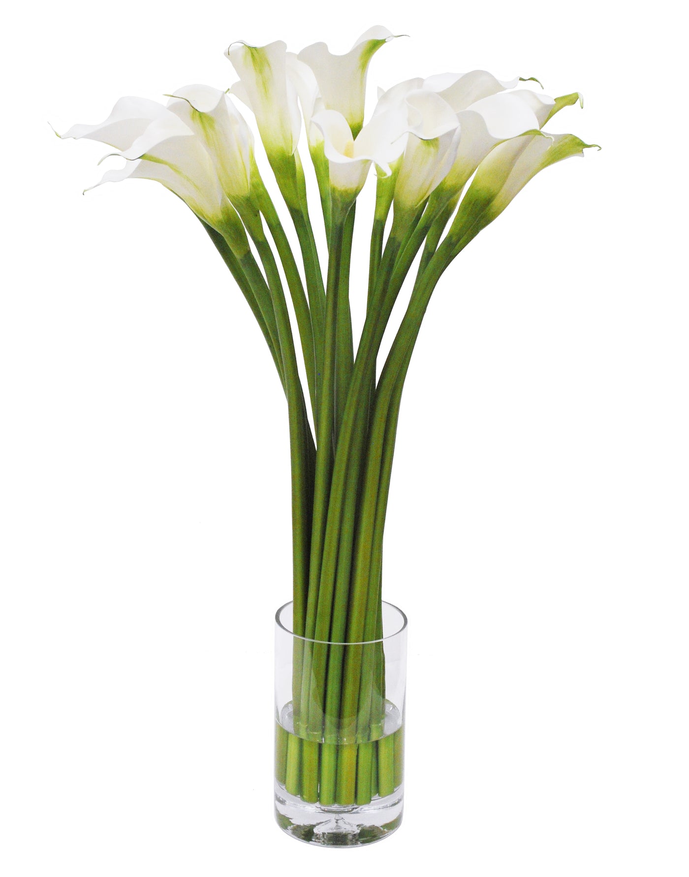 impressive high-quality and realistic tall faux calla lily in a short glass vase