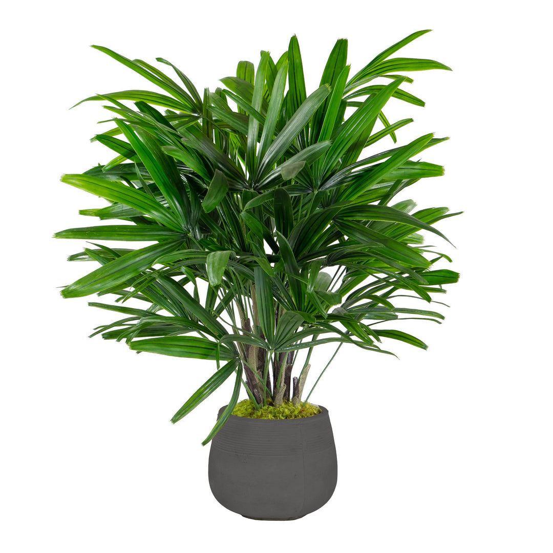 planter palm Faux Rhapis Palm in Stonecast Planter 3' Light Grey