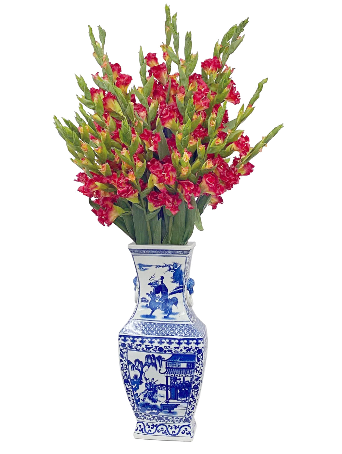 Artificial red gladiolus in chinoiserie white and blue porcelain vase