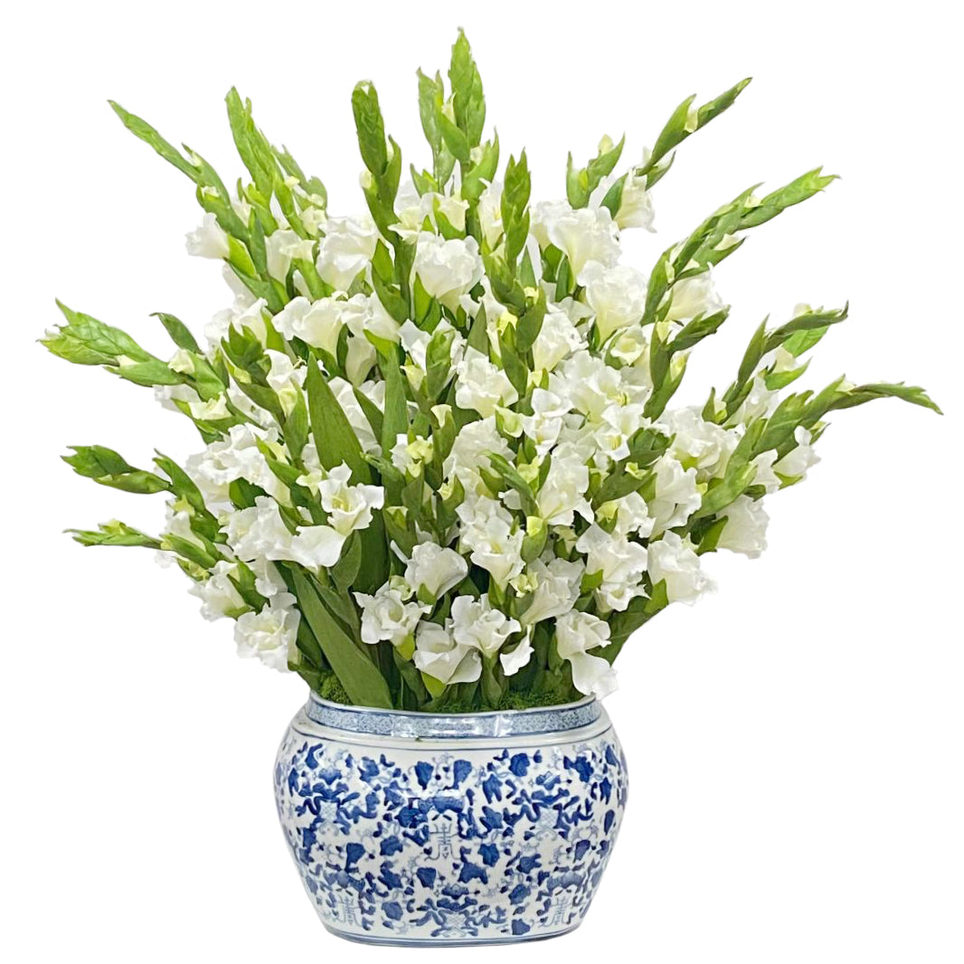 best looking realistic faux white gladiolus in Chinoiserie-style blue and white porcelain planter