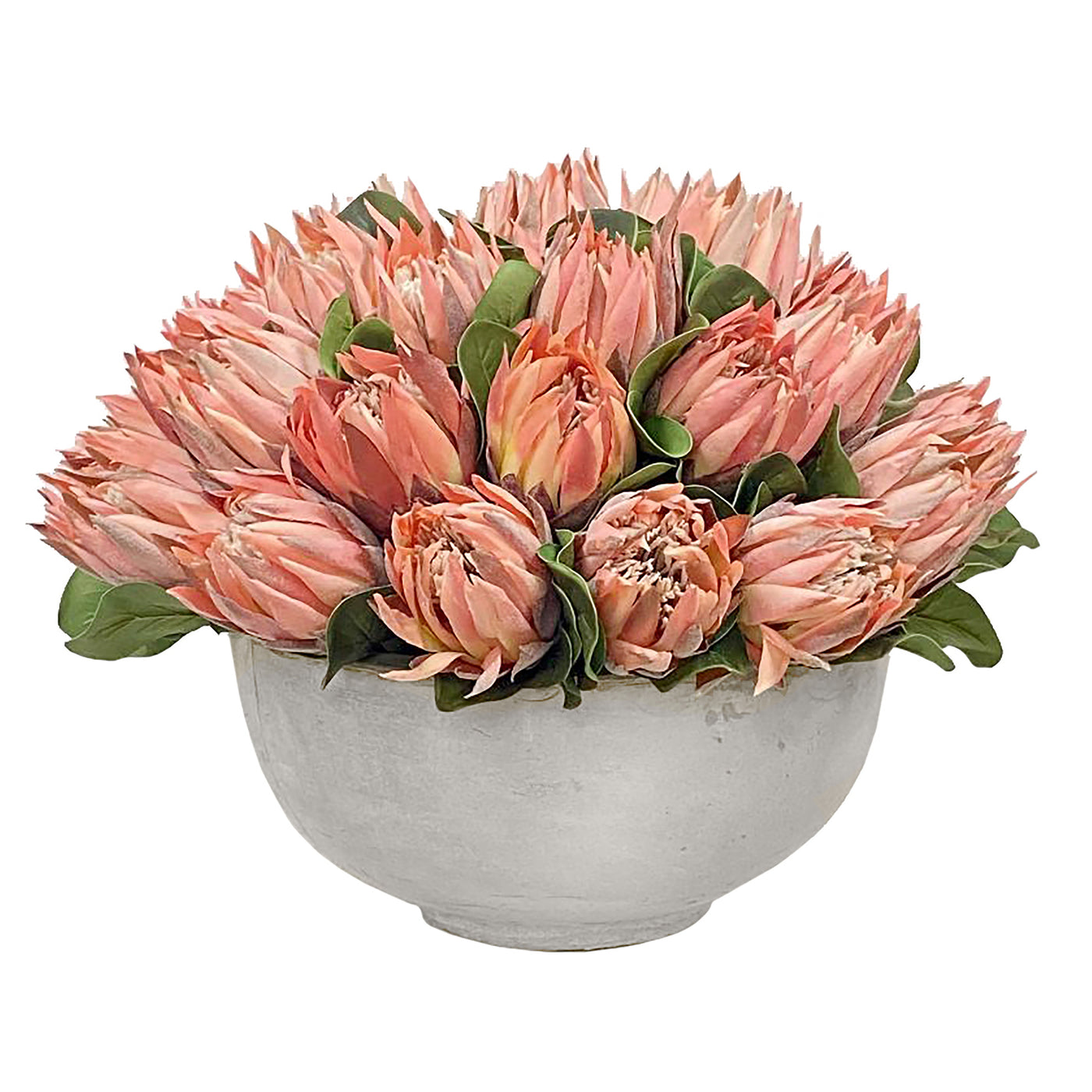 luxury faux prink protea in a contemporary light grey bowl