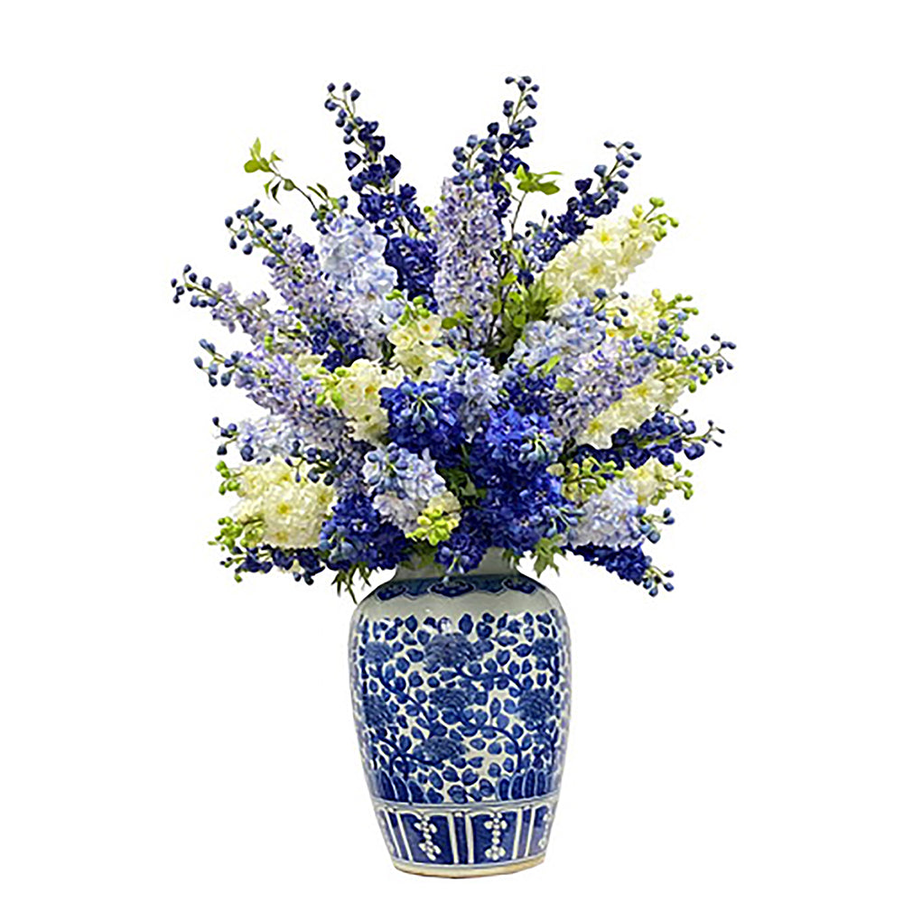Commercial sized mixed artificial delphinium in white and blue vase