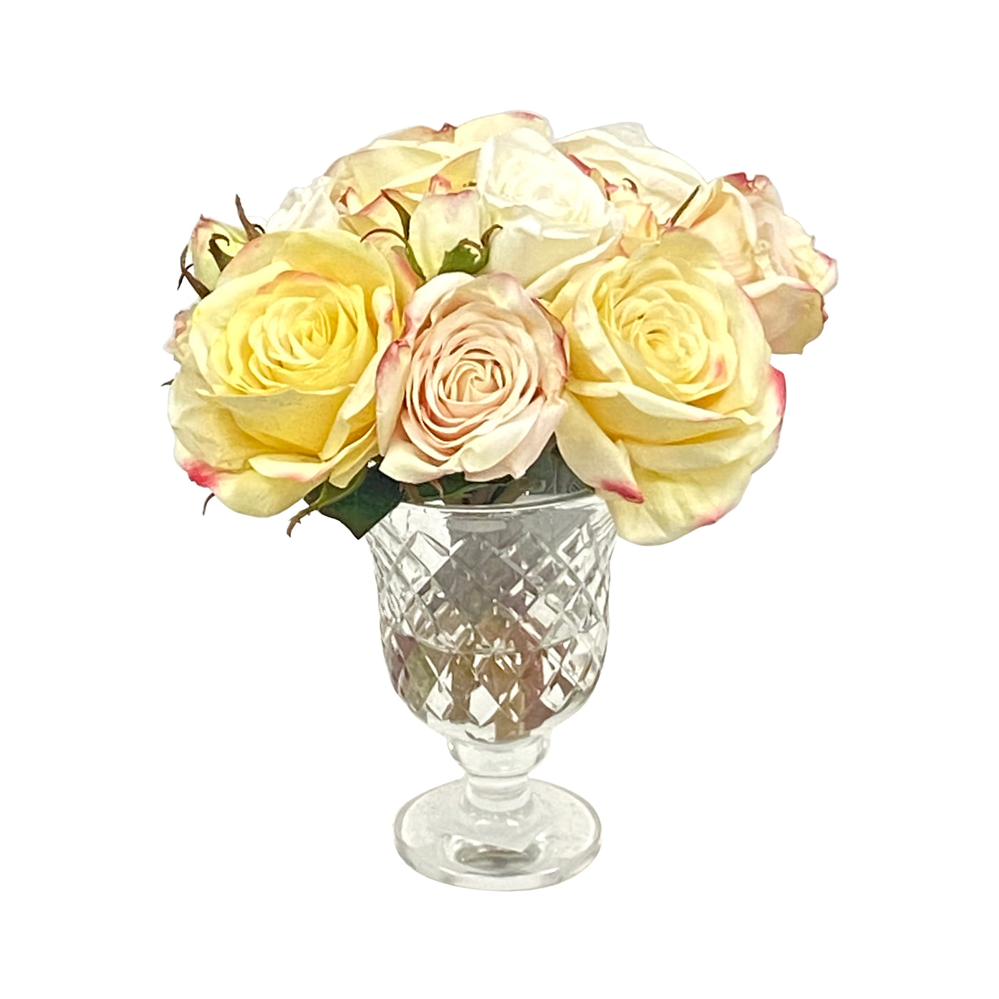 Realistic mixed roses in high-quality clear cut glass urn