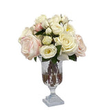 Real Touch rose faux floral arrangement in decorative leaf cut glass vase with ivory and blush blooms