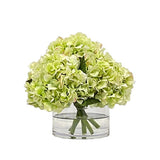 Real Touch green hydrangea arrangement in clear glass vase with full faux blooms for elegant tabletop décor