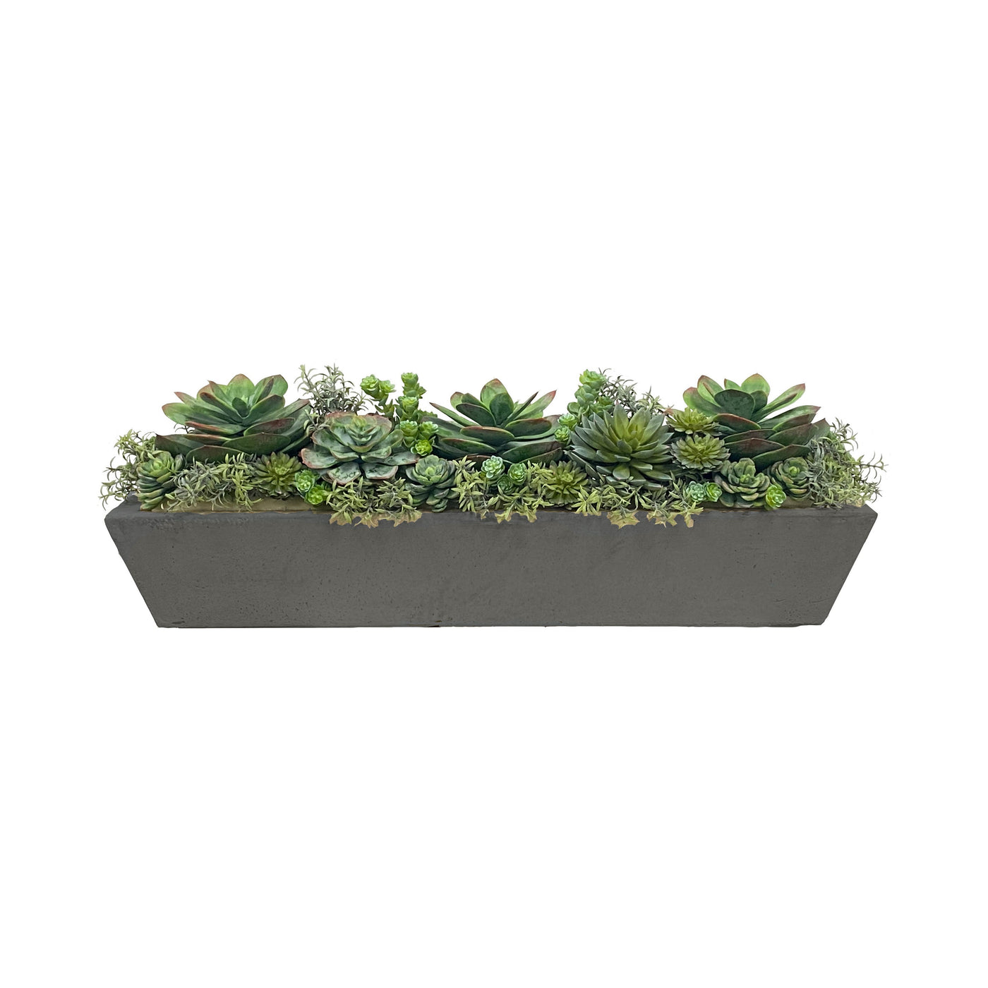 succulent trough Faux Succulent Mix in Long Trough Planter 30" Wide Charcoal