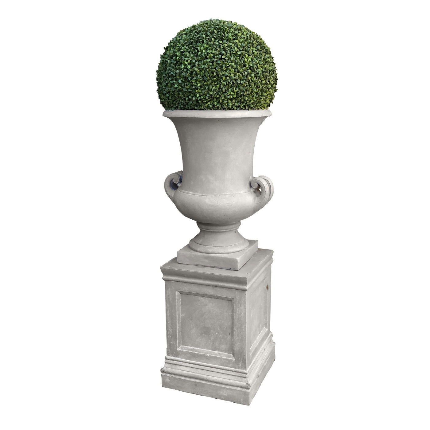 large-scale faux boxwood ball in large urn