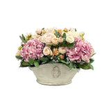 Luxury faux hydrangea, dahlia, and rose arrangement in decorative basket with Real Touch blooms for elegant spring inspired home décor