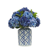 Tall faux blue hydrangea arrangement in blue and white decorative jar with Real Touch blooms for elegant statement home décor