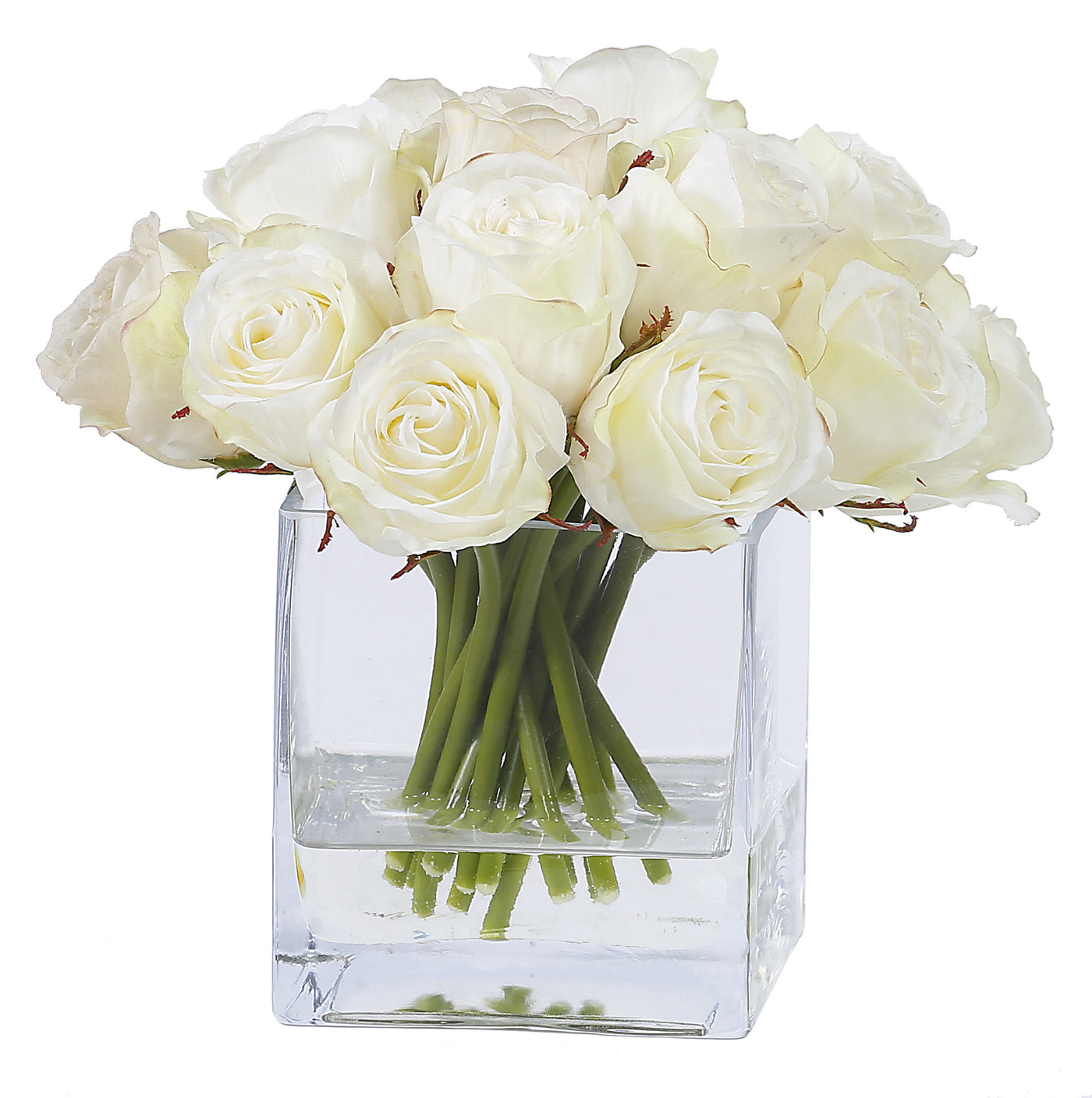 ROSE BUD IN SQUARE GLASS 8.5'' (WHI009-WH) - Winward Home silk flower arrangements